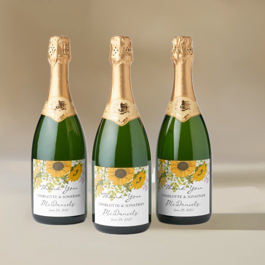 Yellow Modern Sunflowers Bouquet Wedding Schaumweinetikett