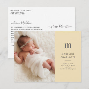 Yellow Monogram 1-Foto Neue Baby Ankündigung Postkarte