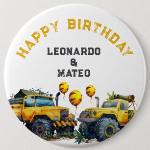 Yellow Monster Trucks Boys Happy Birthday Button