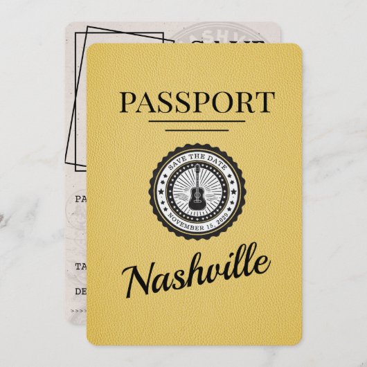 Yellow Nashville Passport Save the Date (Vorne/Hinten)