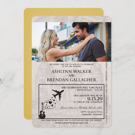 Yellow Nashville Passport Wedding Einladung (Vorne/Hinten)