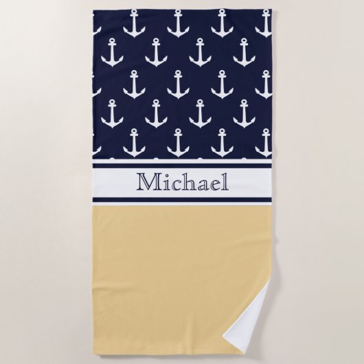 Yellow Navy Blue Anchor Muster Name Nautic Strandtuch (Vorderseite)