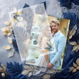 Yellow & Navy Blue Botanical Leaves Corner Initial Pergament Einladungen