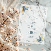 Yellow & Navy Blue Botanical Leaves Corner Initial Pergament Einladungen