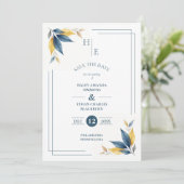 Yellow & Navy Blue Botanical Leaves Corner Photo Save The Date (Stehend Vorderseite)