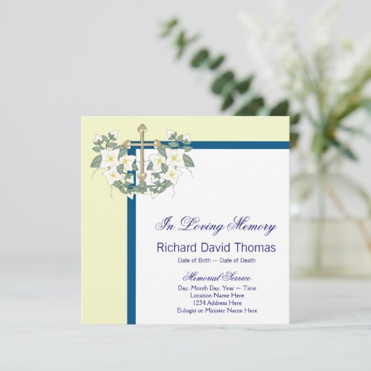 Yellow Navy Blue Cross in Love Memory Memorial Einladung (Stehend Vorderseite)