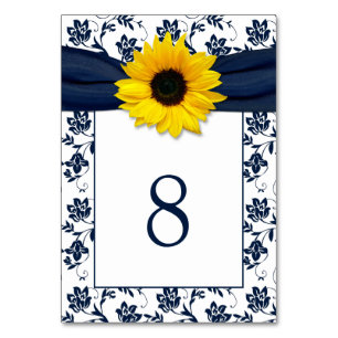 Yellow Navy Blue Damask Sonnenblume Ribbon Hochzei Tischnummer