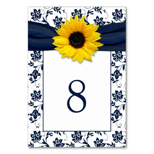 Yellow Navy Blue Damask Sonnenblume Ribbon Hochzei Tischnummer (Vorderseite)