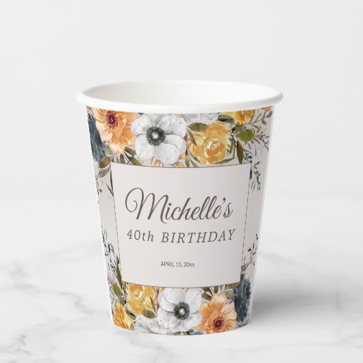 Yellow Navy Blue Floral Glitzer 40. Geburtstagsnam Pappbecher (Vorderseite)
