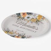 Yellow Navy Blue Floral Glitzer 40. Geburtstagsnam Pappteller (Schrägansicht)