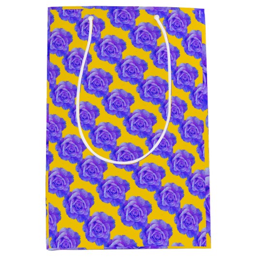 Yellow Navy Blue Floral Patterns Flowers Roses Mittlere Geschenktüte (Vorderseite)