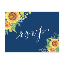 Yellow Navy Blue Sunflores Rustic Wedding RSVP