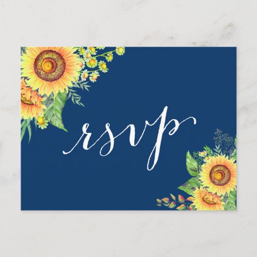Yellow Navy Blue Sunflores Rustic Wedding RSVP Einladungspostkarte (Vorderseite)