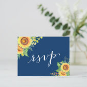 Yellow Navy Blue Sunflores Rustic Wedding RSVP Einladungspostkarte (Stehend Vorderseite)