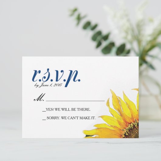 Yellow Navy Blue Sunflower RSVP Card (Stehend Vorderseite)