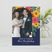 Yellow Navy Boho Blume Arch Wedding Foto Dankeskarte (Stehend Vorderseite)