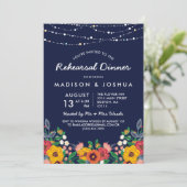 Yellow Navy Boho Florals Stringlights Probe Einladung (Stehend Vorderseite)