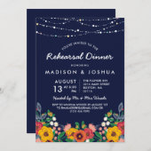 Yellow Navy Boho Florals Stringlights Probe Einladung (Vorne/Hinten)