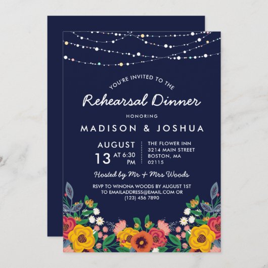 Yellow Navy Boho Florals Stringlights Probe Einladung (Vorne/Hinten)