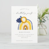 Yellow Navy Floral Foto Rainbow Birthday Einladung (Stehend Vorderseite)