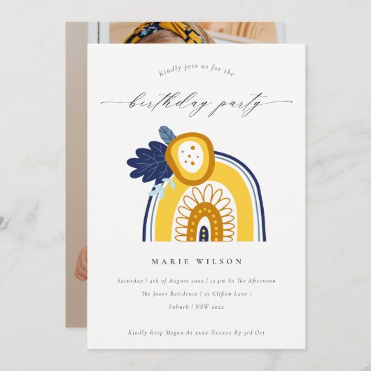 Yellow Navy Floral Foto Rainbow Birthday Einladung (Vorne/Hinten)