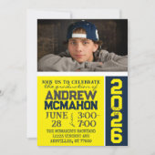 Yellow & Navy Modernes Abschluss Foto Einladung (Vorderseite)