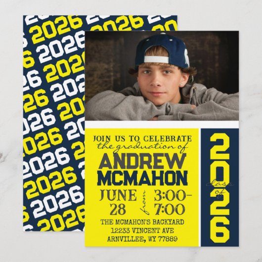 Yellow & Navy Modernes Abschluss Foto Einladung (Vorne/Hinten)