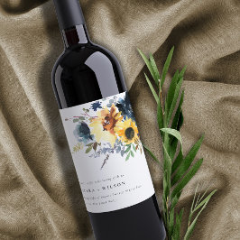 Yellow Navy Sonnenblumen Hochzeit von Aquarellblum Weinetikett