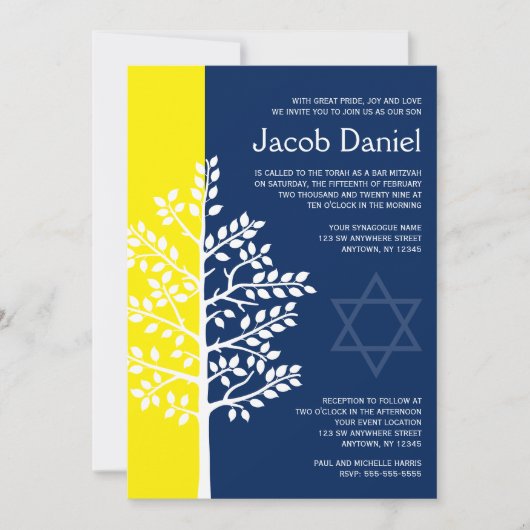 Yellow Navy Tree Bar Mitzvah Einladungen (Vorderseite)
