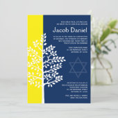 Yellow Navy Tree Bar Mitzvah Einladungen (Stehend Vorderseite)