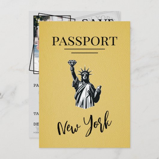 Yellow New York City Passport Save the Date (Vorne/Hinten)