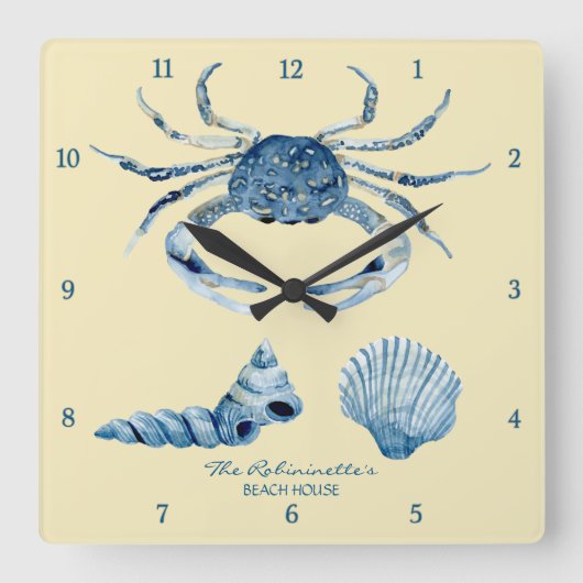 Yellow Ocean Crab Seashells Nautical Beach House Quadratische Wanduhr (Vorderseite)