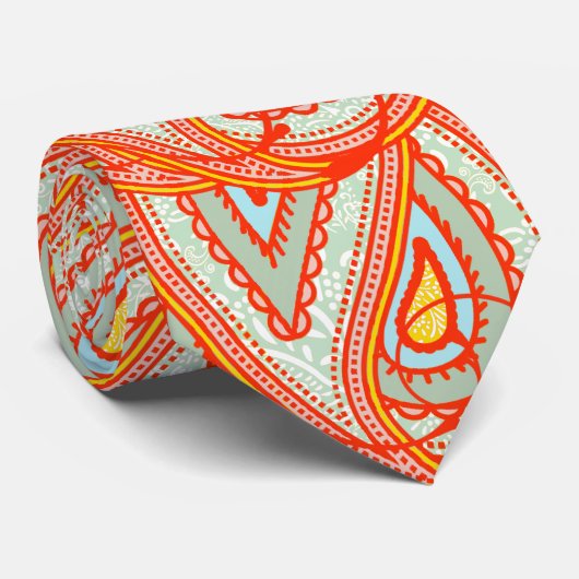 Yellow Orange Aqua Mint Paisley Wedding Krawatte (Gerollt)