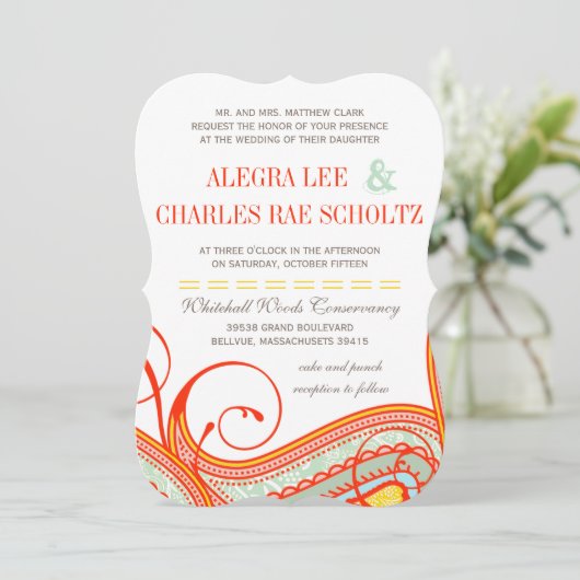 Yellow Orange Aqua Mint Persimmon Paisley Wedding Einladung (Stehend Vorderseite)