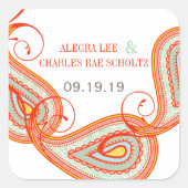 Yellow Orange Aqua Mint Persimmon Paisley Wedding Quadratischer Aufkleber (Vorderseite)