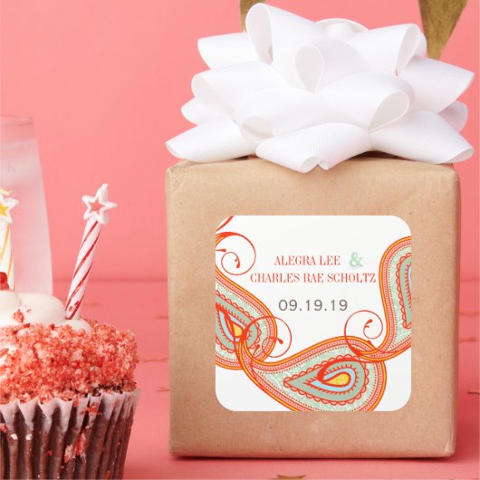 Yellow Orange Aqua Mint Persimmon Paisley Wedding Quadratischer Aufkleber (Party)