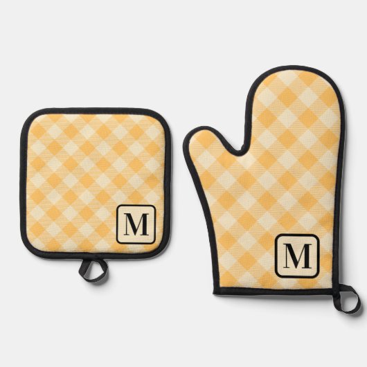 Yellow Orange Buffalo Kariert Gingham Mit Monogram Ofenhandschuh & Topflappen-Set (Vorderseite)
