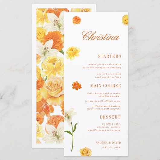 Yellow Orange Floral Custom Guest Name Garden Menu Menükarte (Vorne/Hinten)