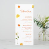 Yellow Orange Floral Custom Guest Name Garden Menu Menükarte (Stehend Vorderseite)