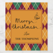 Yellow Orange Green Raute Script Frohe Weihnachten Weinetikett (Einzelnes Label)