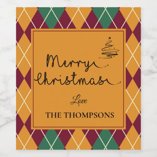 Yellow Orange Green Raute Script Frohe Weihnachten Weinetikett (Einzelnes Label)