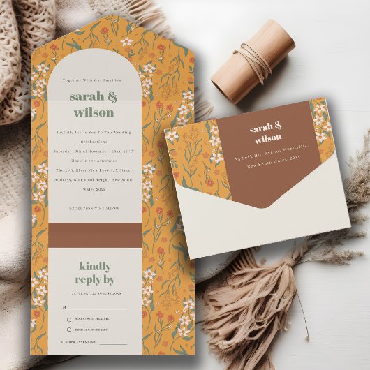 Yellow Orange Groovy Retro Arch Floral Wedding All In One Einladung