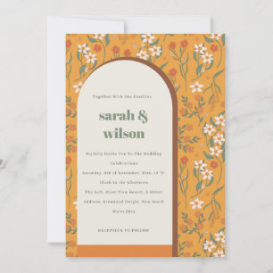 Yellow Orange Groovy Retro Arch Floral Wedding Einladung