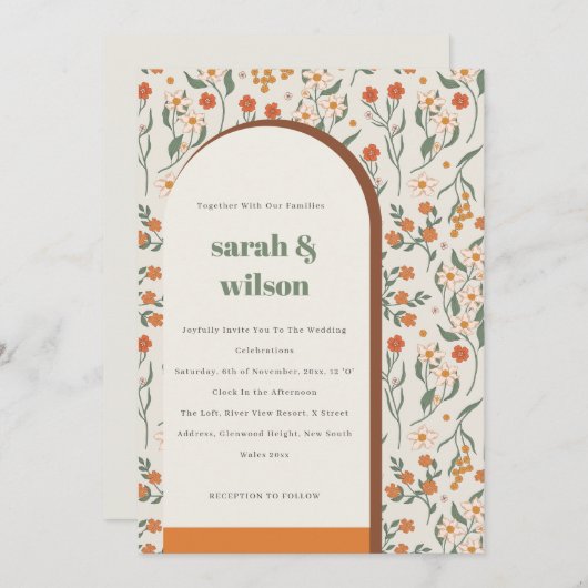 Yellow Orange Groovy Retro Arch Floral Wedding Einladung (Vorne/Hinten)