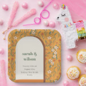 Yellow Orange Groovy Retro Arch Floral Wedding Pappteller (Party)