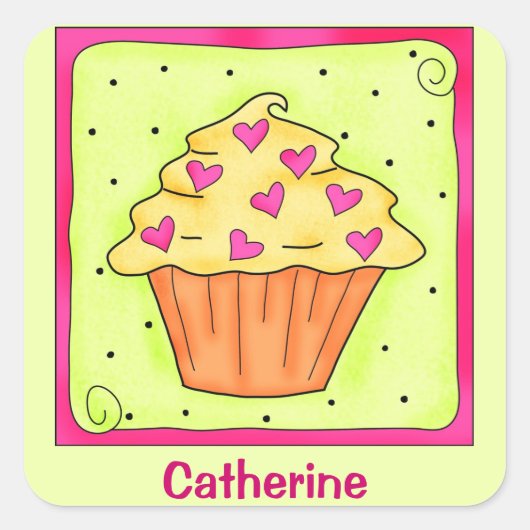 Yellow Orange Sweet Heart Cupcake Personalisiert Quadratischer Aufkleber (Vorderseite)
