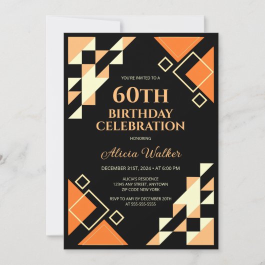 Yellow Orange Triangle Geometric Black Birthday Einladung (Vorderseite)