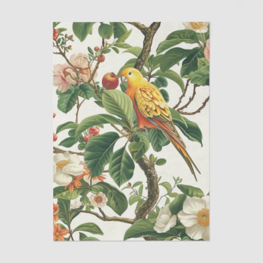 Yellow Parakeet Perched on Tropical Flowers Branch Seidenpapier (Vorderseite)