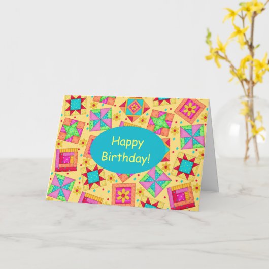Yellow Patchwork Quilt Art Happy Birthday Karte (Gelbe Blume)