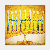 Yellow Peace Sparkle Shine Script Hanukkah Menorah Magnet (Vorne)